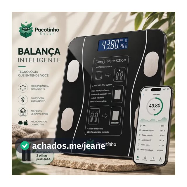 Balança Digital Smart Bioimpedância 180kg Bluetooth IMC Corporal App Android iOS Pacotinho Decor