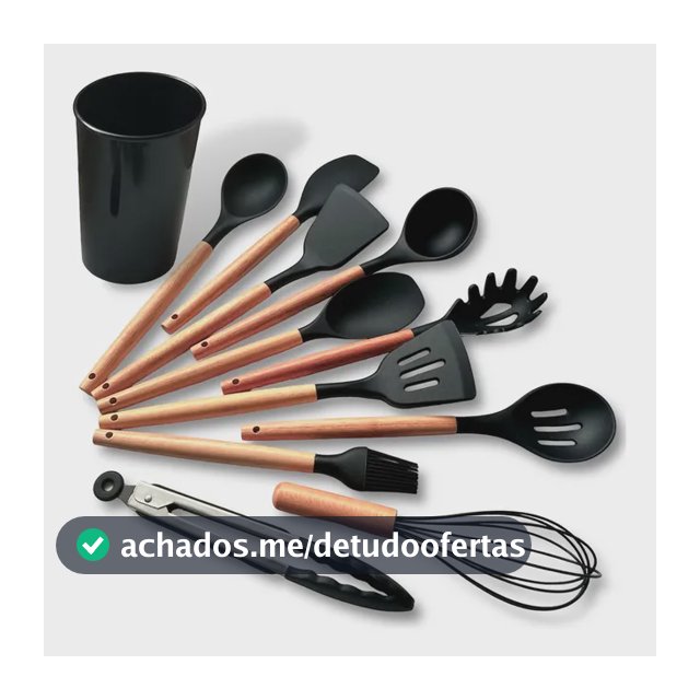 Kit C/12 Utensílios De Cozinha Silicone Cabo Madeira
