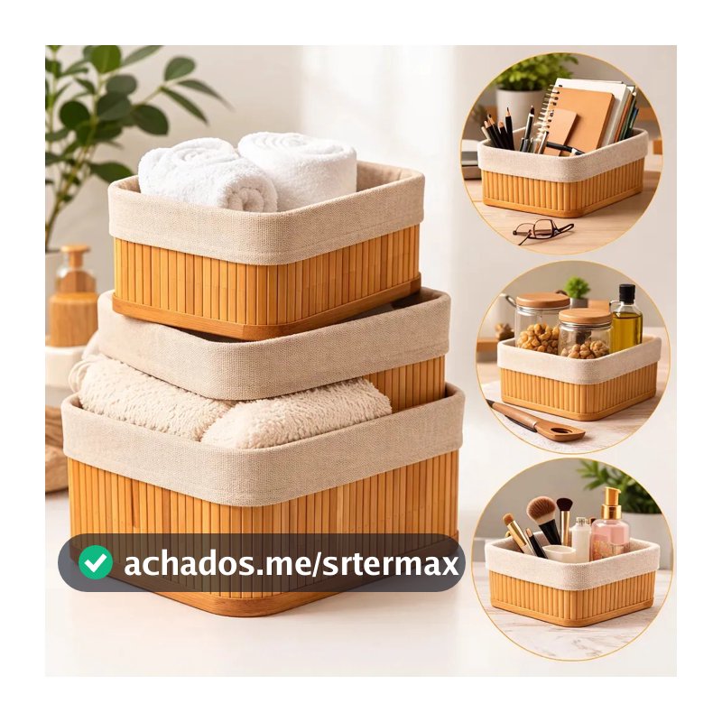 Kit 3 Cestos Organizadores de Bambu Retangulares com Forro Lavável Multiuso Organizar Casa Banheiro Cozinha Guarda-Roupa Lavanderia Armazenamento de Objetos - Nany Pink