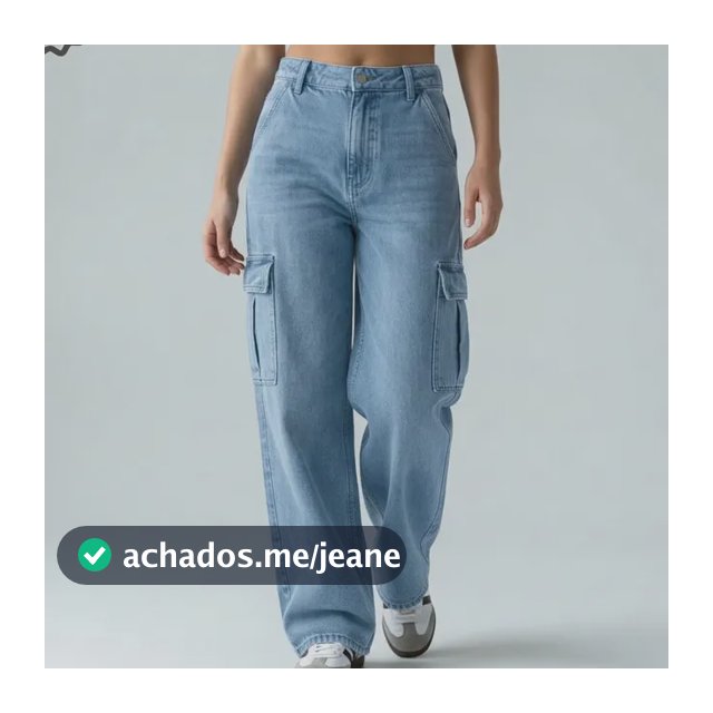 Calça Jeans Wide Leg Cargo Preta Feminina Cintura Alta