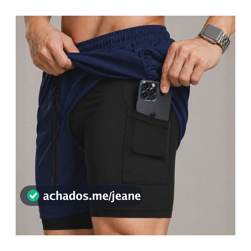 Bermuda Compressão Duplo Masculina 2 Em 1 Short Academia Azul-marinho Liso Gg