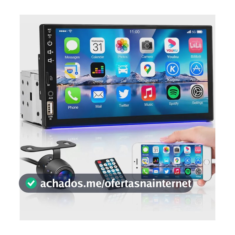 Central Multimídia Auto Mp5 Universal Tela 7' P Touch + Câmera Ré Kit Multimidia 1 Din Ali Ron