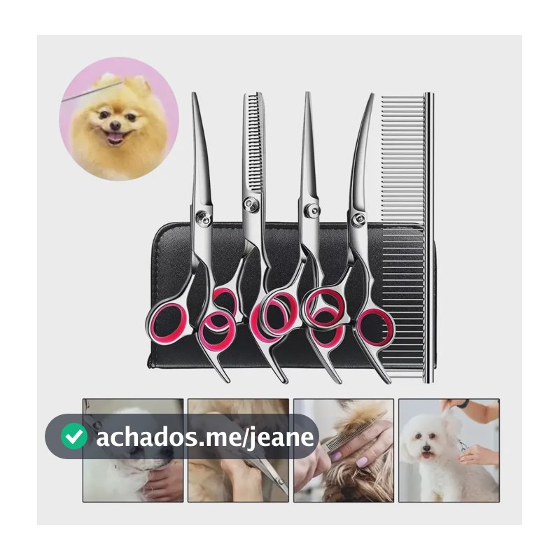 5 Tesoura Pet Cão Reta Curva Petshop Tosa Profissional Rosa