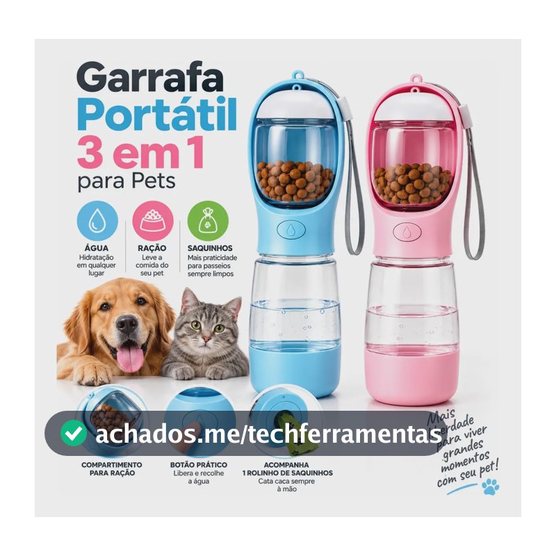 Garrafa Portátil Pet 3 Em 1 Bebedouro Comedouro Saquinhos Na Rosa