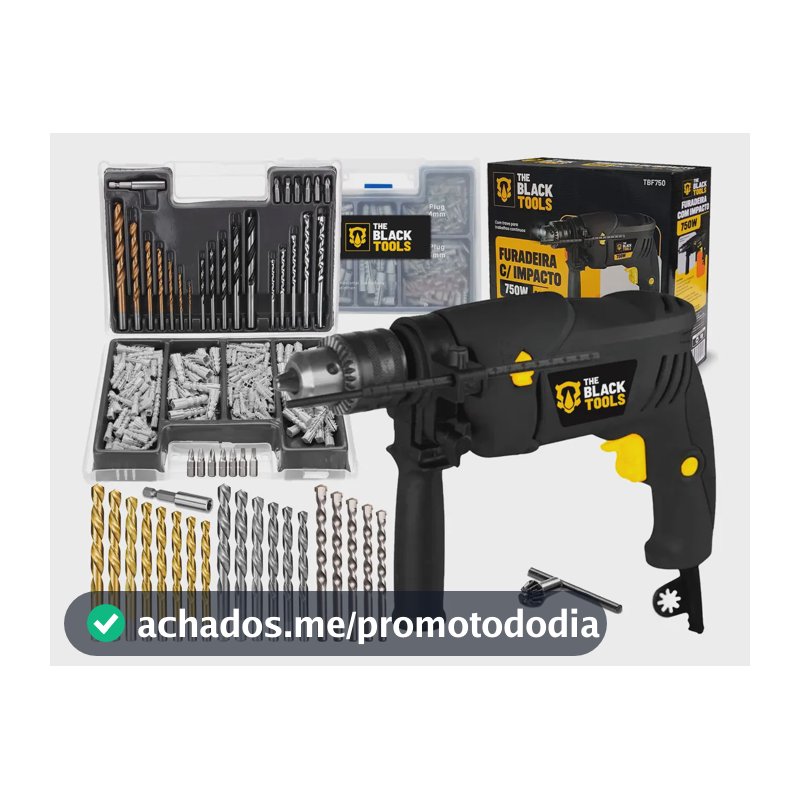 Furadeira De Impacto 13mm 750w Profissional Com Kit Brocas Buchas E Bits 300 Peças The Black Tools