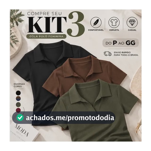 Kit 3 Blusa Feminina Gola Polo Canelada Básica Casual Lisa Preto, Marrom E Verde Liso P/m (36/42)