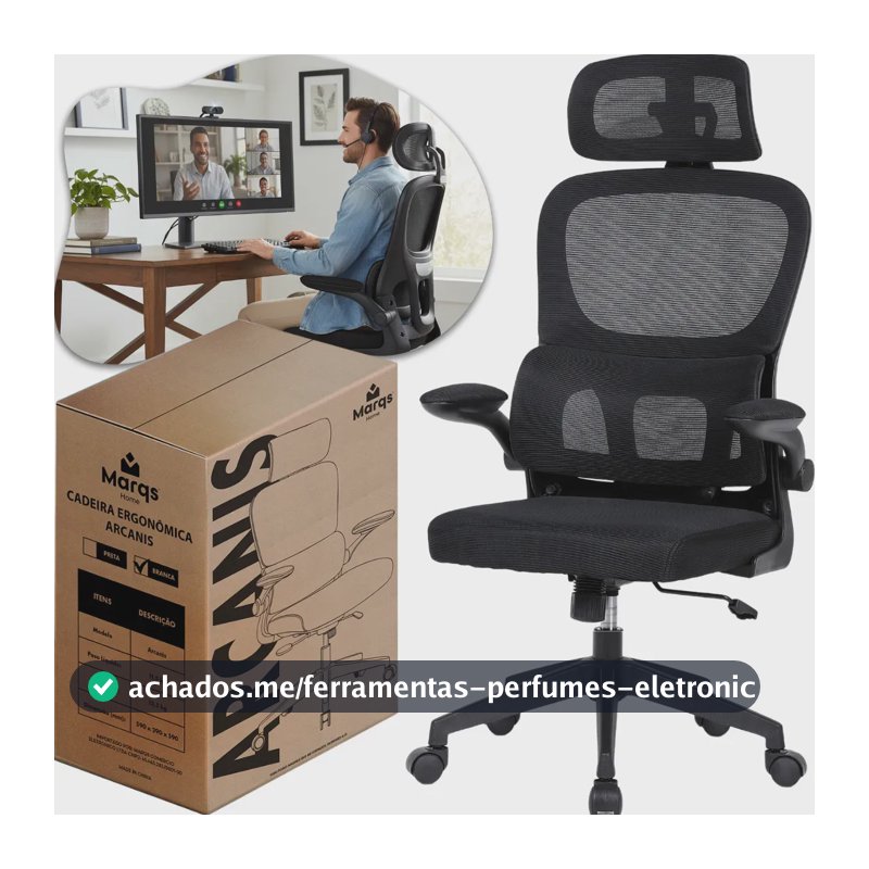Cadeira Escritório Presidente Ergonômica NR17 Marqs Home Arcanis Preta com Apoio Lombar e Encosto Mesh Premium