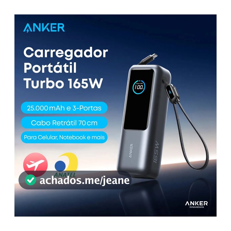 Carregador Portátil Power Bank Anker 25000mAh 165W Cor Preto Carga Turbo Rápida com 4 Portas e 2 Cabos USB-C Integrados, Tela Digital Compatível com Notebook, MacBook, iPhone, Samsung e AirPods