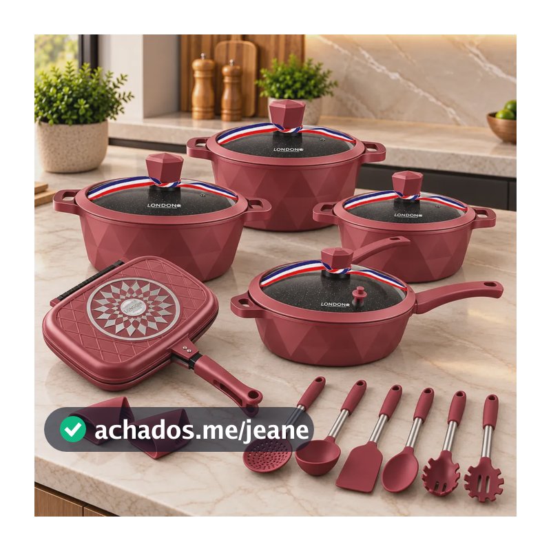 Jogo De Panelas London Cerâmica Antiaderente 17 Peças Grill Vermelho Coffee