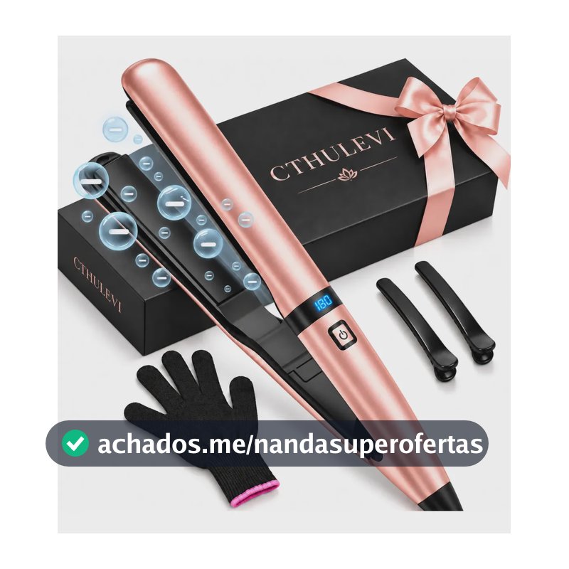 Chapinha Profissional 2 em 1 Prancha de Cabelo Bivolt 230°C Cerâmica com Íons Negativos Display LED Aquecimento Alisadora Rápido 15S Cabo 360° Rosa com Luva e Acessórios