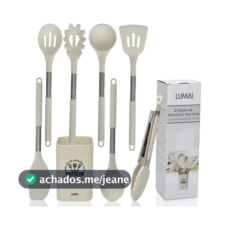 Kit De Utensilios De Cozinha Silicone Com Cabo Inox Grande Bege