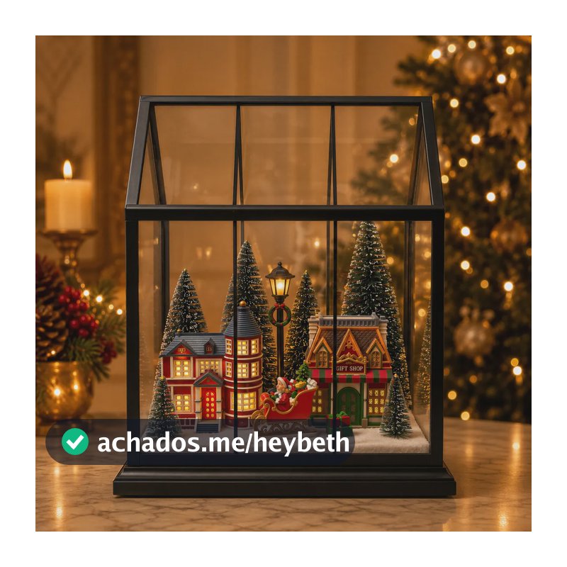 Enfeite Natalino Casa De Vidro Vila Musical Com Led Usb 33cm Preto
