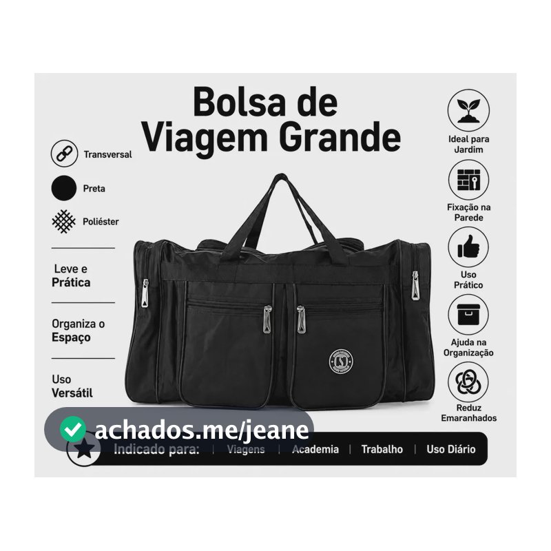 Bolsa Transversal Grande Preta Viagem Avião Mala de Mão Espaçosa Leve Resistente Alça Ajustável Marianopole