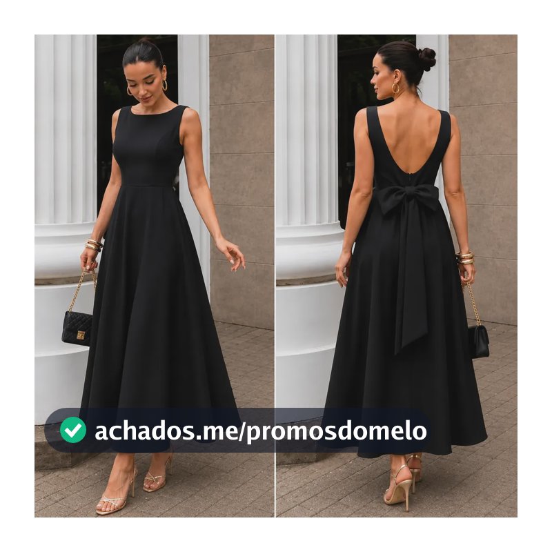 Vestido Longo Feminino Decote Canoa E Laço Alfaiataria Luxo Preto Liso G