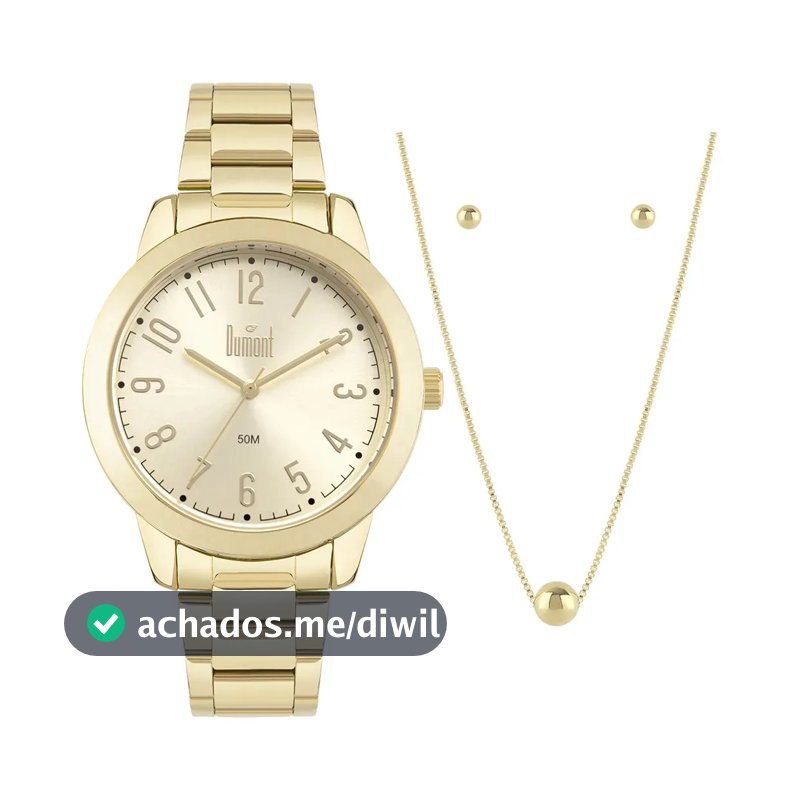 Kit Relógio Feminino Dourado Dumont Com Semijoia Dourado
