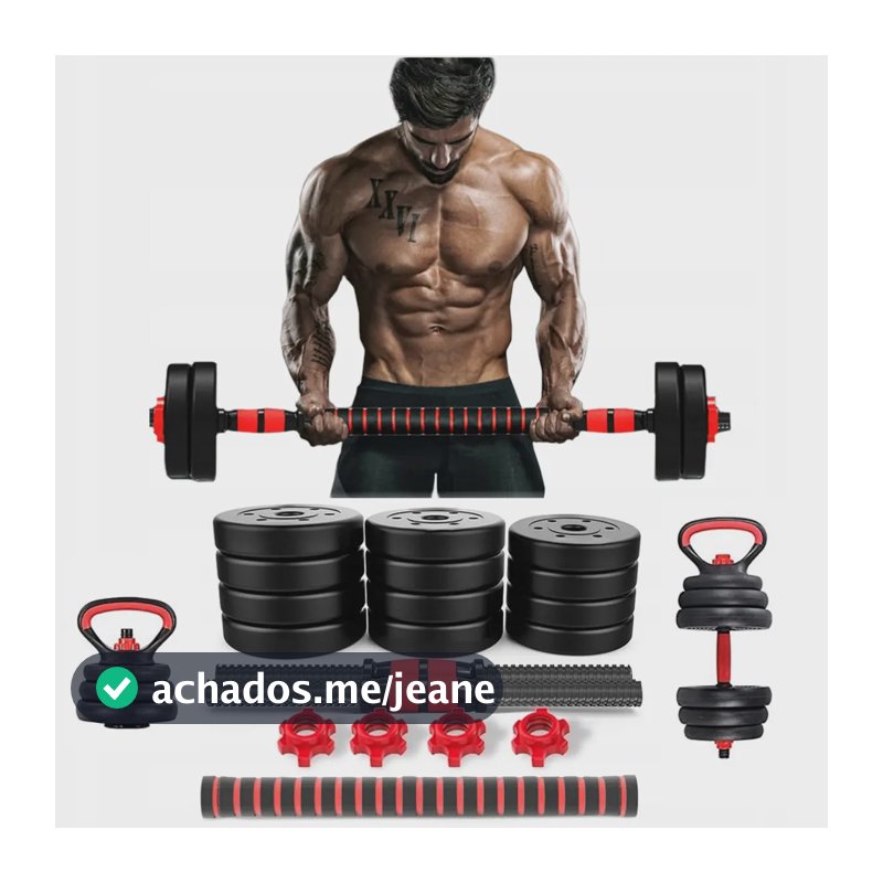 Kit Halteres Barra E Anilhas Musculação Kettlebell Ajustáveis Peso Academia 15kg