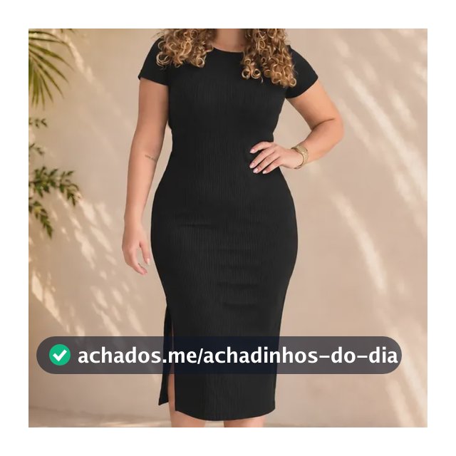 Vestido Canelado Midi Tubinho Manga Com Fenda Lateral