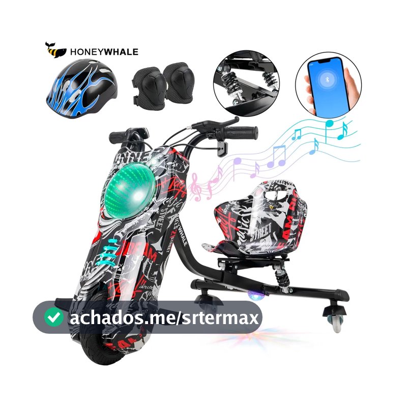 Honeywhale 007B Triciclo Elétrico Drift Infantil, 350w-75min-15km-70kg-20km/h, Com Bluetooth E LED, Com Suspensão, Pneu 8", Adequada Para Crianças De 5 A 12 Anos, Honey Whale (36v, 3.6ah) Preto