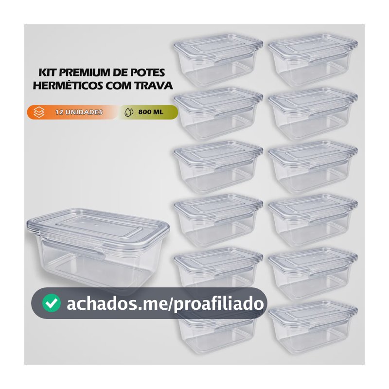 Kit 12 Marmitas 800ml Potes Trava Lateral Freezer Microondas Transparente