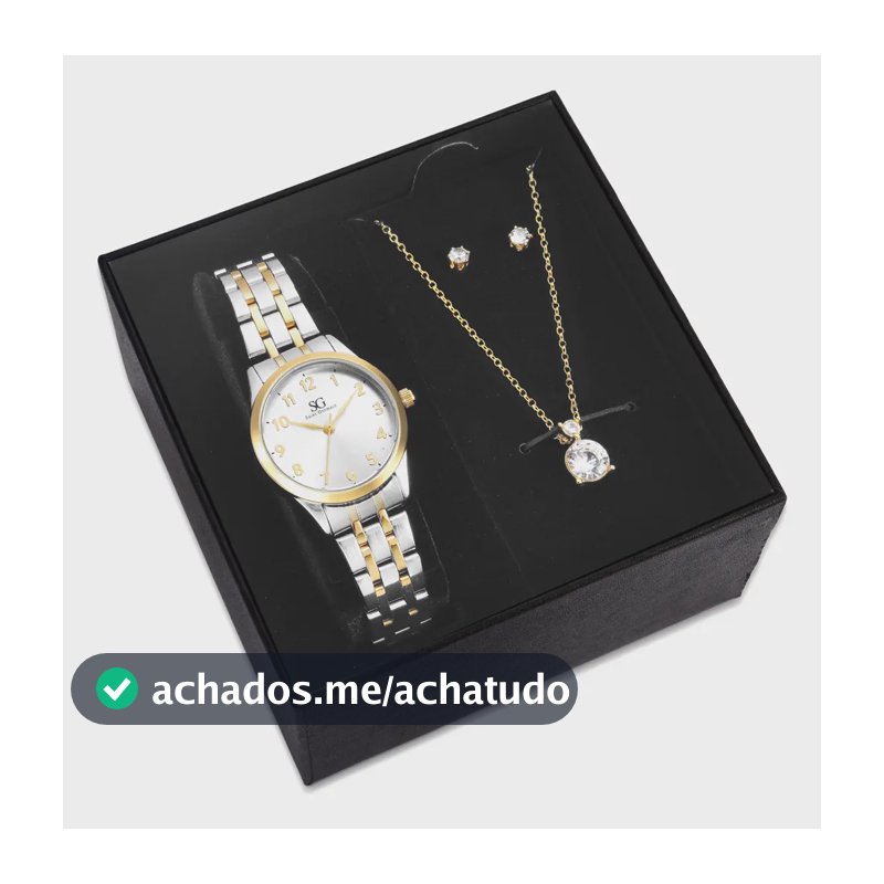 Kit Relógio Colar e Brincos Ponto De Luz Dourado e Prateado Feminino Luxo Saint Germain 28mm