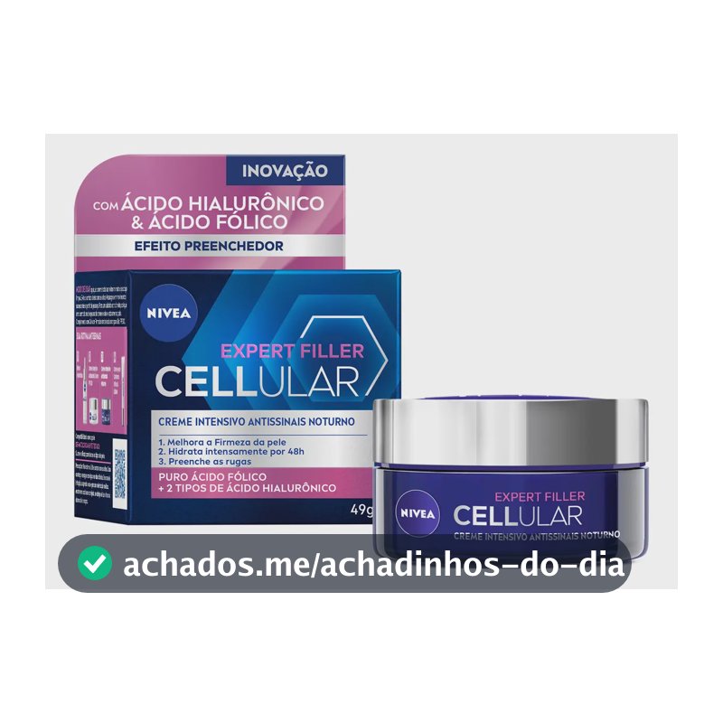 NIVEA Creme Facial Antissinais Cellular Filler Noite 49g, Hidratação Intensa 48h, Pele Firme, Preenche Rugas, Ácido Hialurônico, Cuidado Noturno