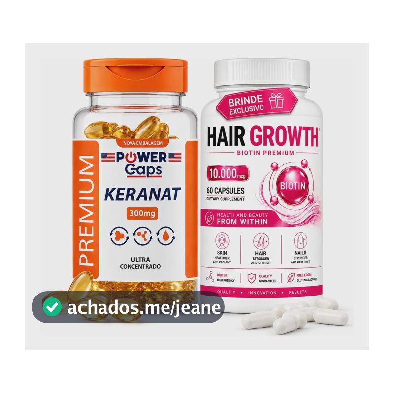 Power Caps Keranat 300mg 60caps + Hair Growth Biotina 60caps Sem Sabor