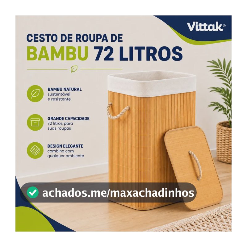 Vittak Cesto De Roupa Bambu 72 Litros Liso Dobrável Retangular Com Tampa E Forro