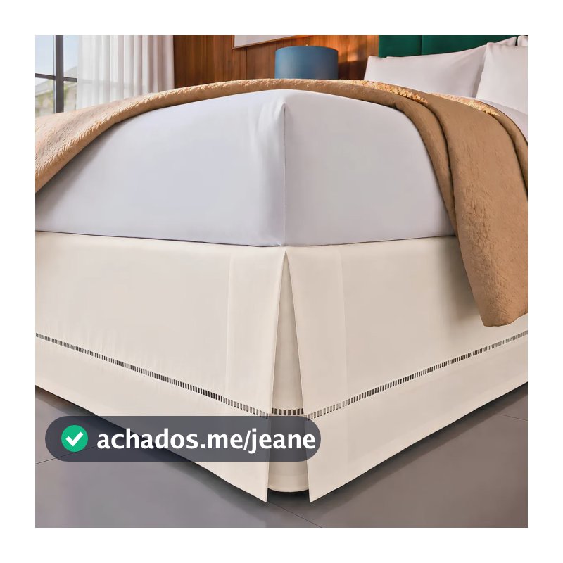 Saia Cama Box Queen size Percal 200 Fios Algodão Com Ponto Palito No Babado Luxo Palha