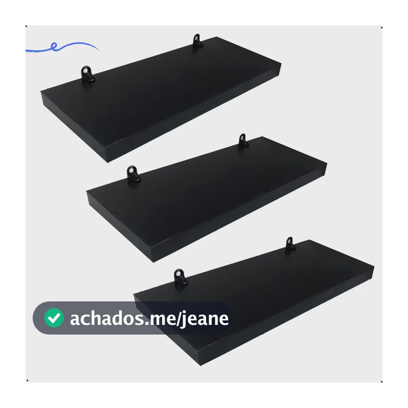 Kit 3 Prateleiras Fixas MDF Preto 25cmx10cm Com Suportes