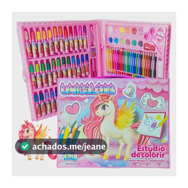 Kit Escolar Menina Maleta Pintura TeOliver 150 Peças Unicórnio Canetinhas Lápis de Cor Giz de Cera Tinta Aquarela