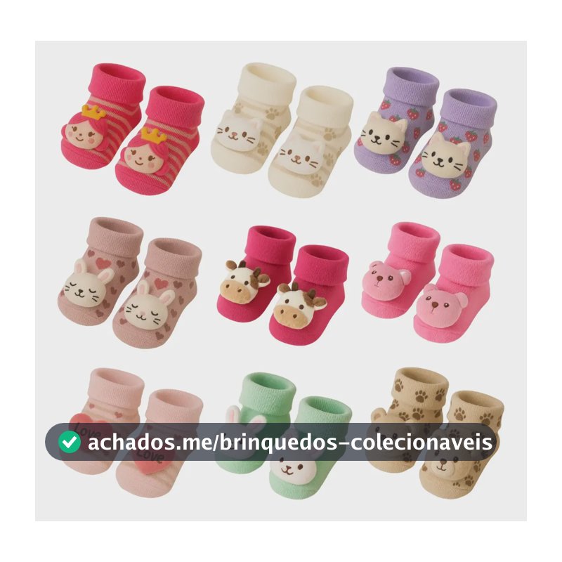 Kit 06 Pares Meia Bebê Bichinho Infantil Inverno Pelúcia 3 D Menina Bichinhos 0-12 Meses
