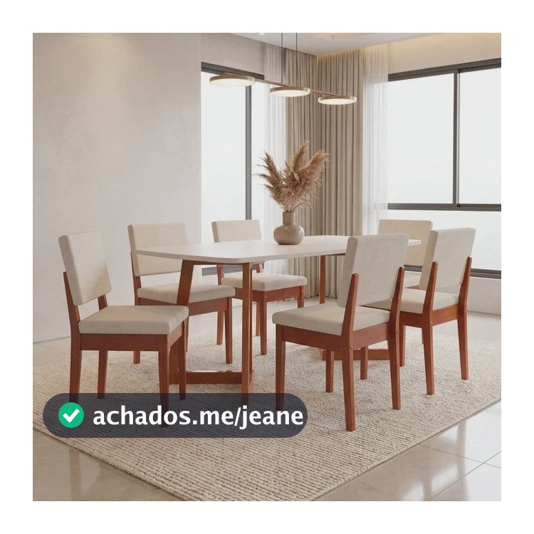 Conjunto Sala De Jantar Madeira Maciça 6 Lugares Tampo Sem Caramelo/boucle Off White