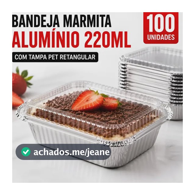 Bandeja Marmita Alumínio 220ml Tampa Pet Retangular C/100un 220ml