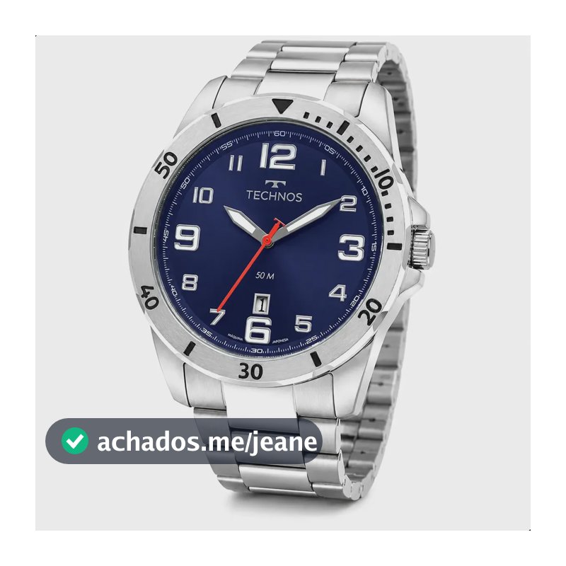 Relógio Technos Masculino 2115NAP/1A 45 Milímetros Casual em Aço Inoxidável Prova D´Agua 50 Metros com Calendário Fundo Azul