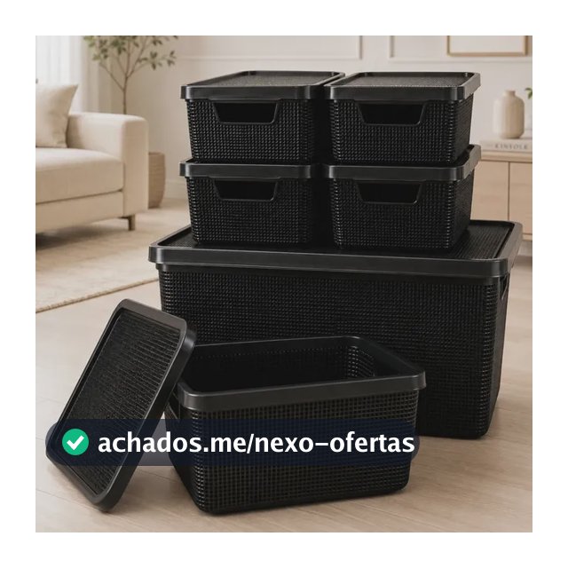Kit 6 Caixas Organizadoras Cesto Tampa Multiuso 2l 6l 16l Preto Jutta