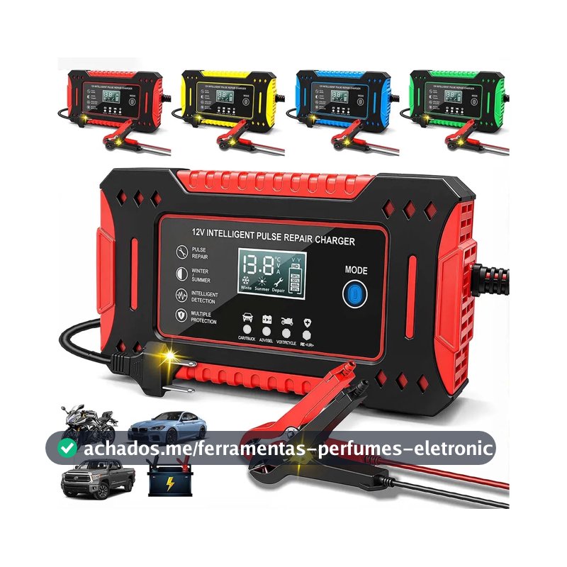 aweshine Carregador inteligente de bateria automotivo 12V portátil, para carro, moto, caminhão e bateria estacionária vermelho