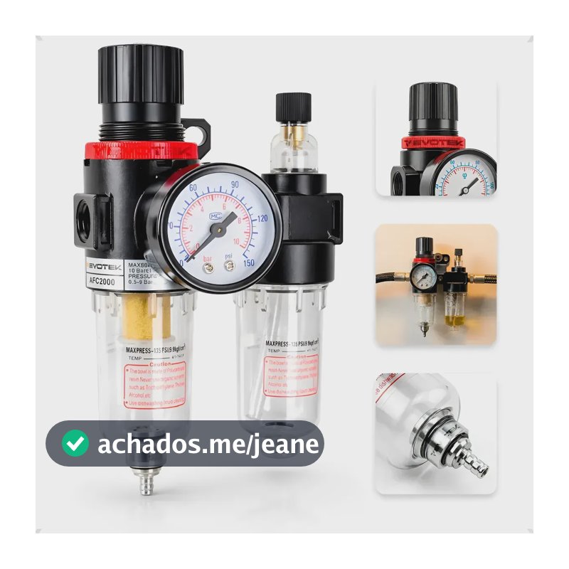 Filtro Eliminador de Água e Óleo com Manômetro Regulador Pressão Compressor 1/4 150 Psi Evotek Ferramentas