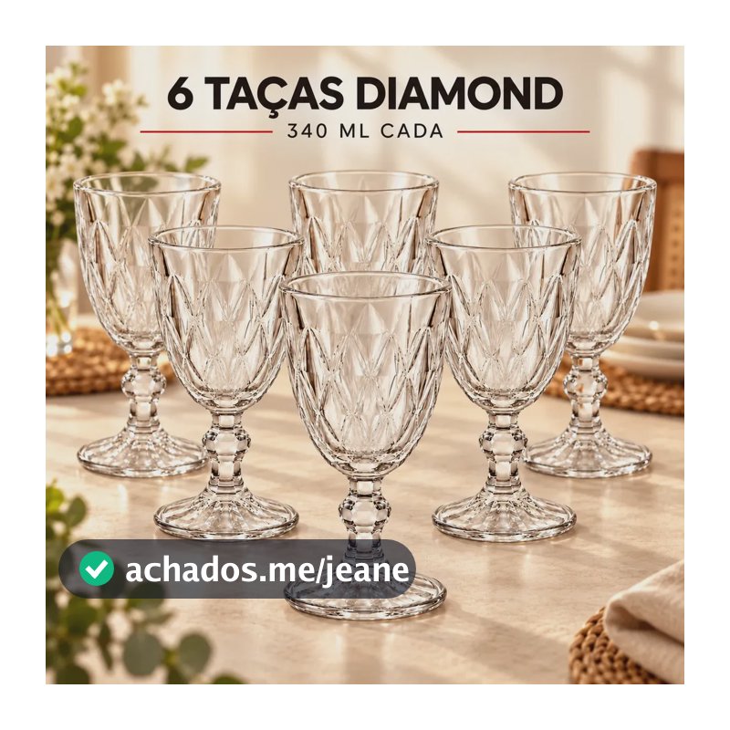 Jogo 6 Taças Diamond Vidro Transparente 340ml - Taças para Água Suco Vinho Mesa Posta Elegante - UTILIVERY UTILIDADES