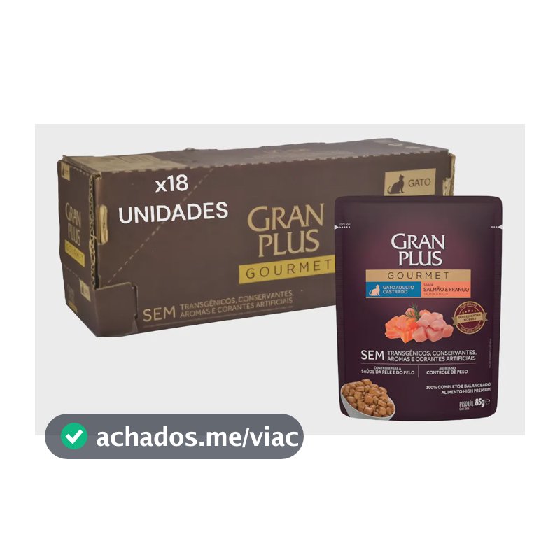 Ração Úmida Gatos Castrados Salmão Frango Gran Plus 18 Sachês 85g