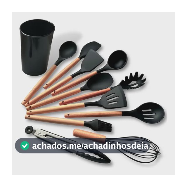 Kit C/12 Utensílios De Cozinha Silicone Cabo Madeira