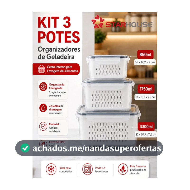 Kit 3 Organizadores Geladeira Alimentos Legumes Verduras Frutas Transparente Com Tampa Trava Hermético Escorredor - Starhouse