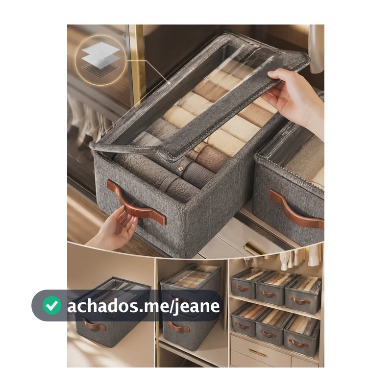 Cesto Caixa Organizadora Dobrável Guarda Roupa Gaveta Tampa Cinza