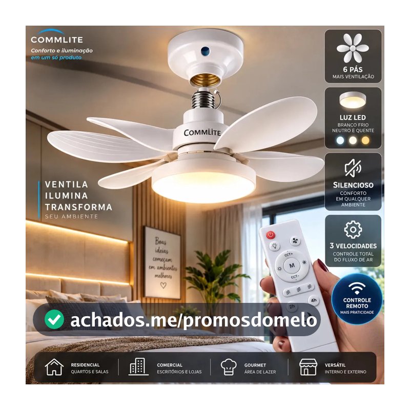Ventilador de Teto 60W Silencioso Lâmpada Forte com LED, Controle e 6 Pás Soquete E27 Para Residencial Comercial Interno Externo Quarto Sala Cozinha Escritório Gourmet Apartamento Casa - Commlite