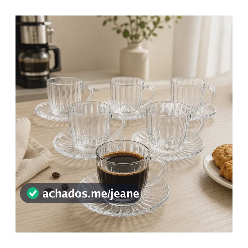 Jogo 6 Xícaras De Vidro Canelado Com Pires Cha e Café Espresso 100ml 12 peças