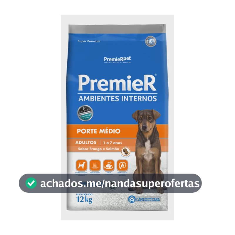 Ração Premier Ambientes Internos Cães Adultos Porte Médio Frango e Salmão 12kg