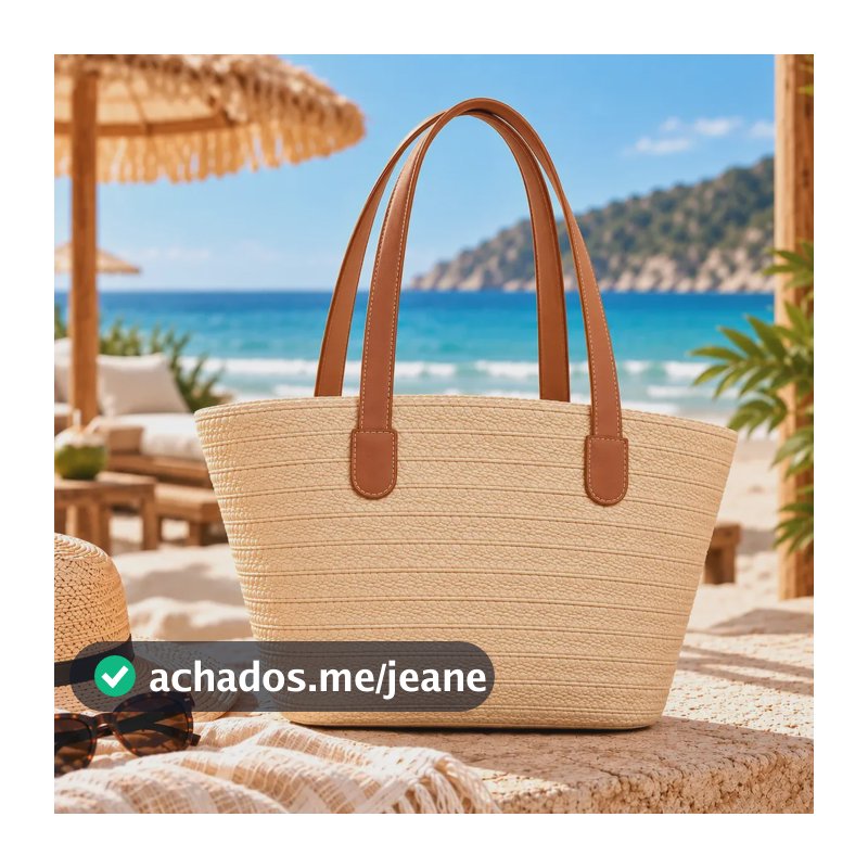 Bolsa Palha Praia Feminina Grande Verão Piscina Sacola Luxo Acambamento dos ferragens Metal Cor Areia Correia de ombro Marrom Desenho do tecido Lisa