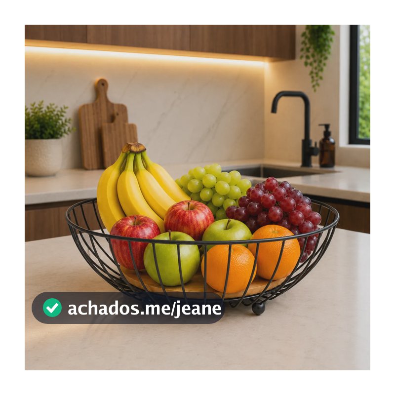 Fruteira Mesa Aramada Cesto Organizador Frutas Base Madeira Preto