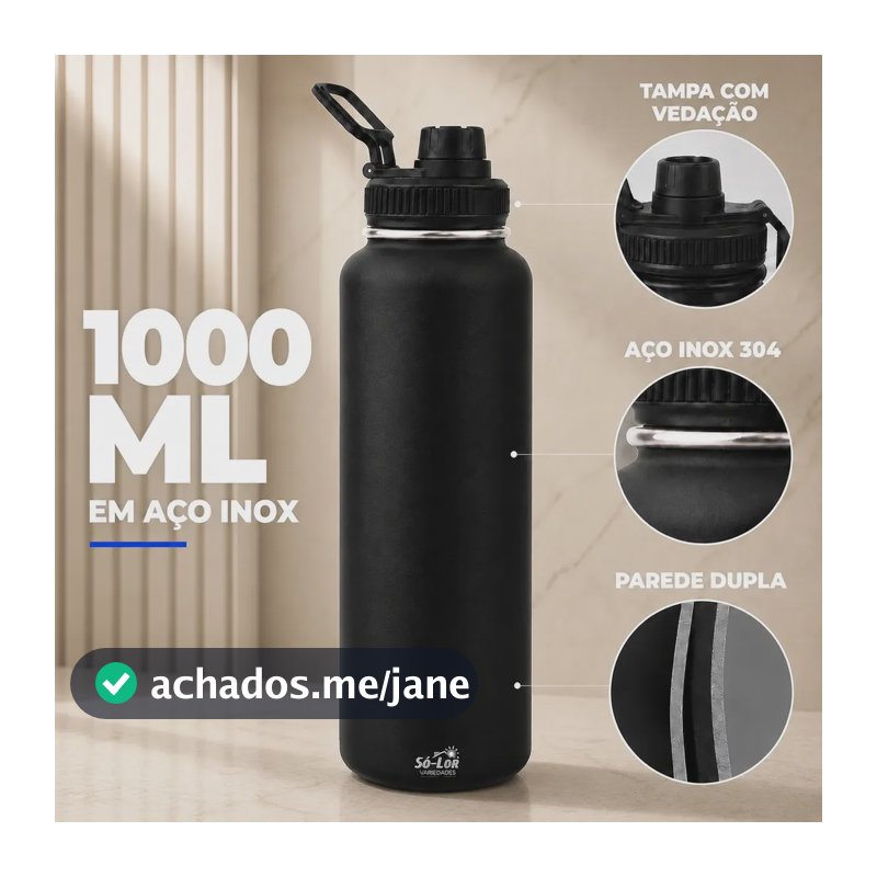 1000ml Garrafa Térmica Isolada A Vácuo Squeeze Aço Inox 304 para Água Gelada Esporte Academia com Alça e Bico Preto Sólar
