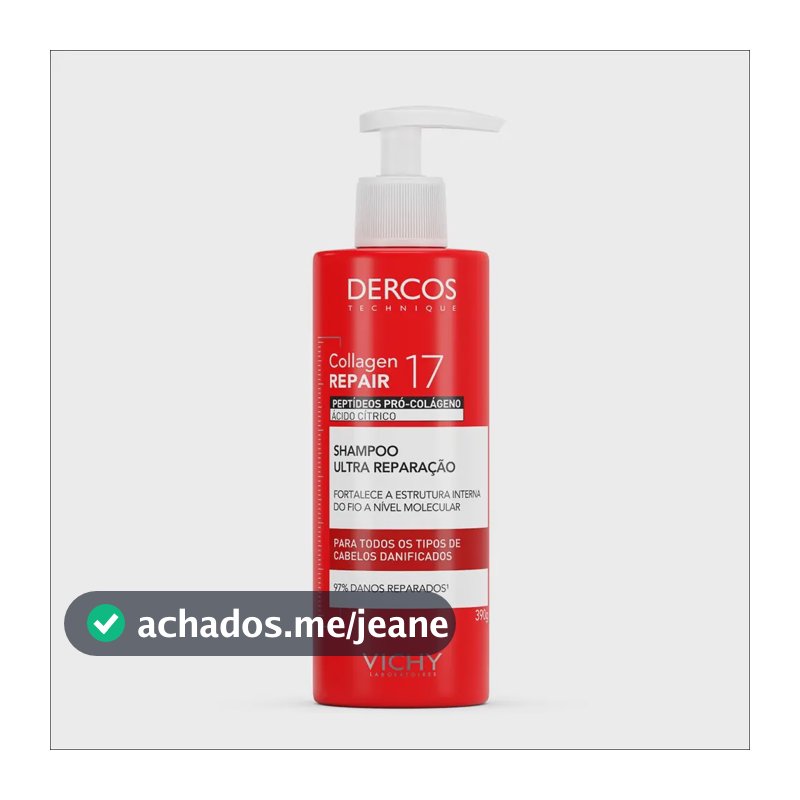 Vichy Dercos Shampoo Collagen Repair, com Peptídeos Pró-Colágeno e Ácido Cítrico para Reparação Profunda, Fortalecimento da Fibra e Prevenção da Queda, 390ml