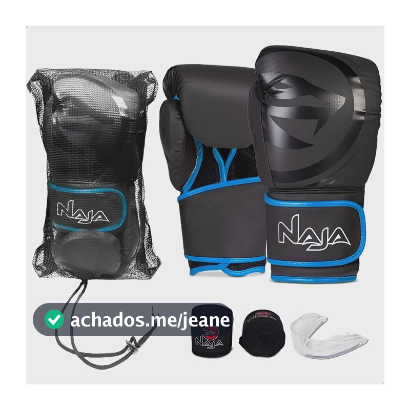 Kit Luva Boxe Muay Thai Naja Black Bandagem + Bucal Cor Azul Tamanho 16oz